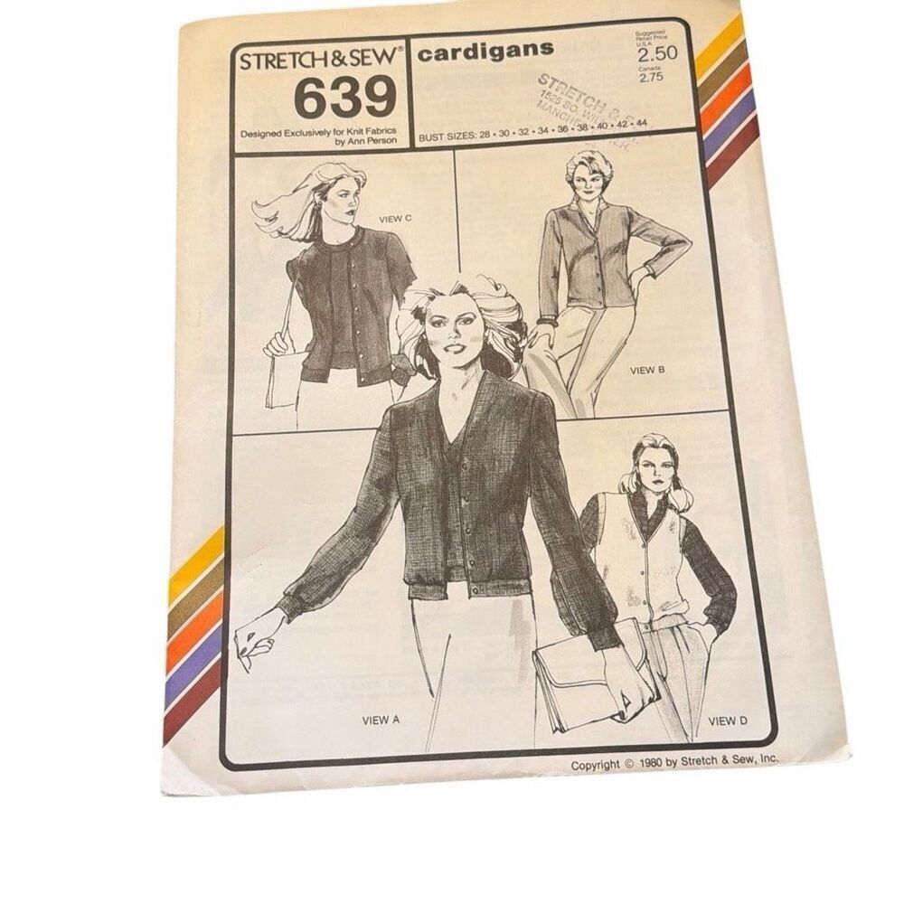 Women's Vintage 1970s Sewing Pattern by Stretch & Sew #639 cardigans